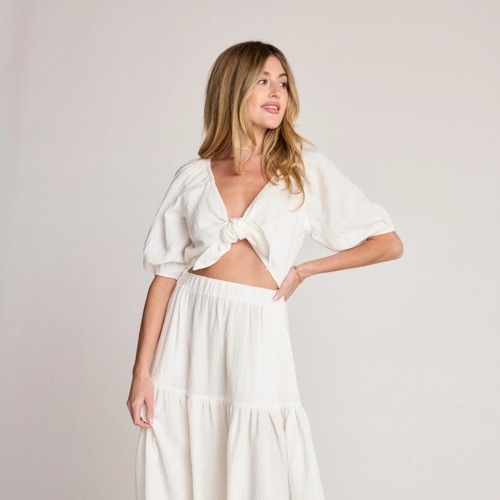 Sunday Ritual Cleo Top Ivory Muslin Cotton Crop Bubble Sleeve Tie Front Top S